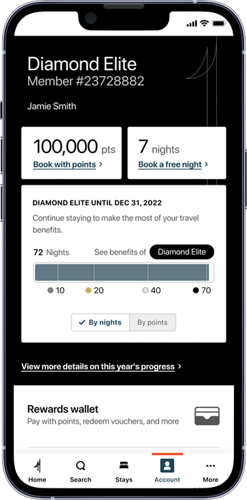 The IHG One Rewards app gives members the ability see their account status and track rewards progress. 