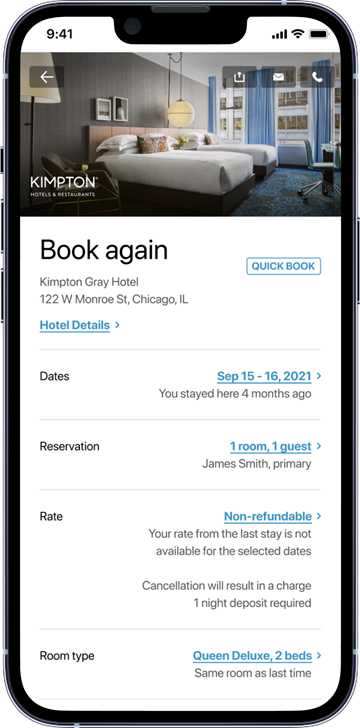 The app allows members to easily rebook stays at hotels they have previously booked. 