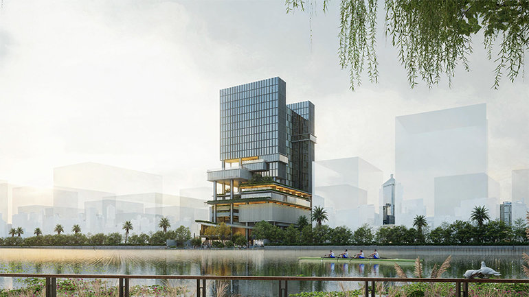Image shows a rendering of the Crowne Plaza Jakarta PIK2. The rendering shows a tall hotel building in the distance with a river and people rowing through it in the foreground.