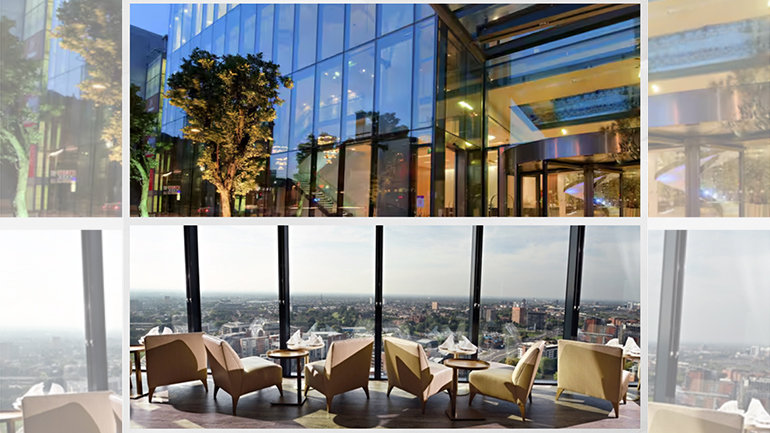 This top image in this collage is of the exterior of a modern glass building with a tree on the left, and a lower image showing the interior of a high-rise bar or restaurant with floor-to-ceiling windows offering panoramic city views and several lounge chairs arranged around small tables.