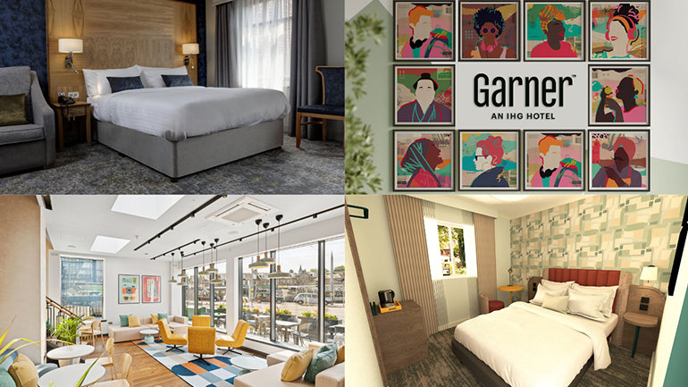 A four-panel collage showcasing the interiors and branding of Garner hotels. The top-left image displays a comfortable hotel room with a neatly made king-sized bed flanked by two armchairs against a dark blue feature wall. To its right, the brand's logo is centred within a grid of eight colourful portraits. Below, the bottom-left image shows a bright and airy hotel lobby with contemporary yellow armchairs and large windows, while the bottom-right image depicts a guest room featuring a double bed against a wall with geometric green and beige wallpaper.