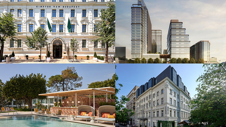 A collage of four hotel images: Top left, is the exterior of the Kimpton BEM Budapest with its classic façade of an old white building with lots of windows and two green Kimpton flags; Top right, a rendering of the modern 'Delta District' which will be home to InterContinental Belgrade. It features three tall glass buildings of varying heights; Bottom right is exterior of IHG’s Verno House, Vignette Collection, with its corner building architecture surrounded by tall green trees. Bottom left, features Kimpton Los Monteros Marbella’s swimming pool and outdoor lounge area, with its orange sofas and terracotta coloured bar