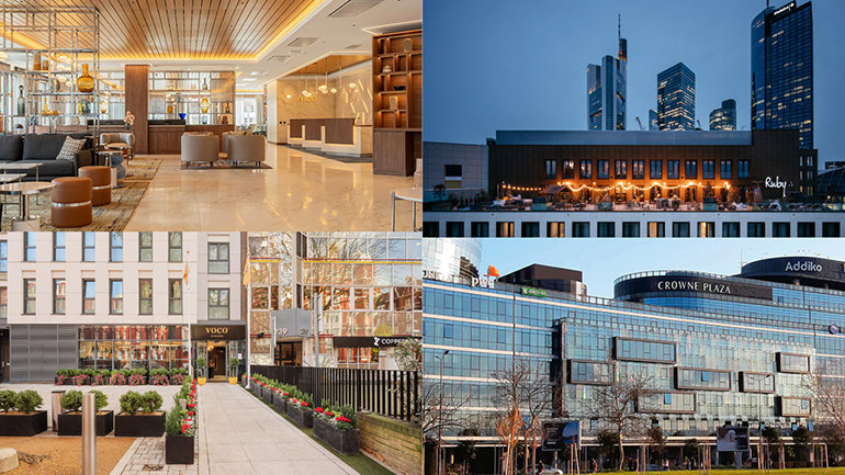 A collage of four hotel photos: Top left, shows the modern hotel lobby of voco Stockholm, with a fancy wooden ceiling, comfy chairs, and a shiny floor; Top right, shows the exterior of Ruby Louise Hotel & Bar in Frankfurt at dusk, with bright lights and tall buildings in the background; Bottom right, is a rendering of Crowne Plaza Podgorica in Montenegro which shows a big, modern hotel with lots of glass windows and a sign that says "Crowne Plaza"; Bottom left image is a street-level view of the entrance of voco London – Marylebone which features a walkway with plants on the left.