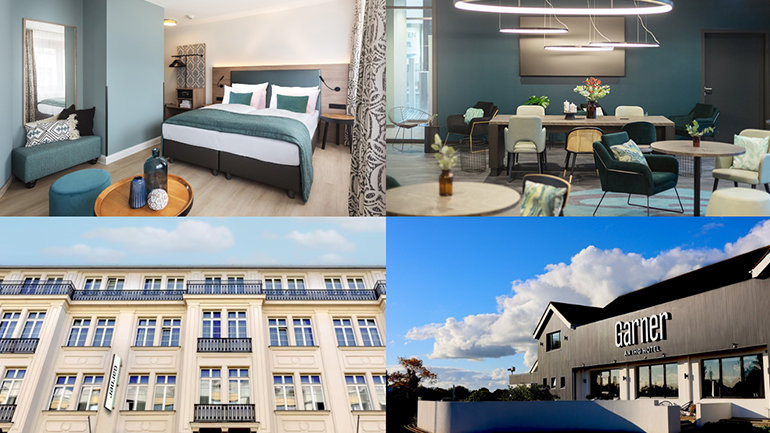 A collage of four hotel images: Top left, a hotel room interior at Garner Hotel Hamburg Nord with a cozy bed, seating area, and teal accents; Top right, show the modern lounge at Holiday Inn – the niu Cure with unique lighting and furniture; Bottom right, is a rendering of the exterior of Garner Hotel Preston Samlesbury, a grey building with a 'Garner' logo above the entrance; Bottom left is the facade of Garner Hotel Berlin - Checkpoint Charlie, a traditional white building with lots of windows.