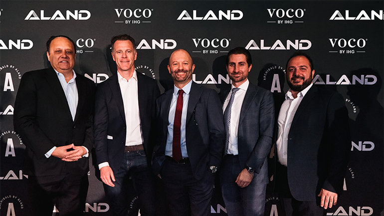Image (L to R) Andrew Hrsto, Founder and Owner, ALAND, NSW Premier Chris Minns, Matt Tripolone, Managing Director, IHG Australasia & Pacific, Cameron Burke, Director of Development, IHG Australasia & Pacific, Dimitri Karam, CEO, Signature Hotel Management Group.