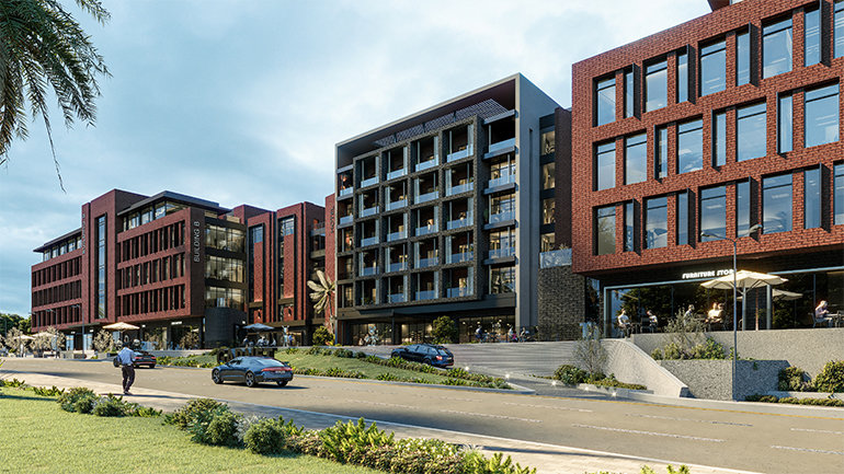 Image is a rendering of the upcoming Red (G) mixed-use development