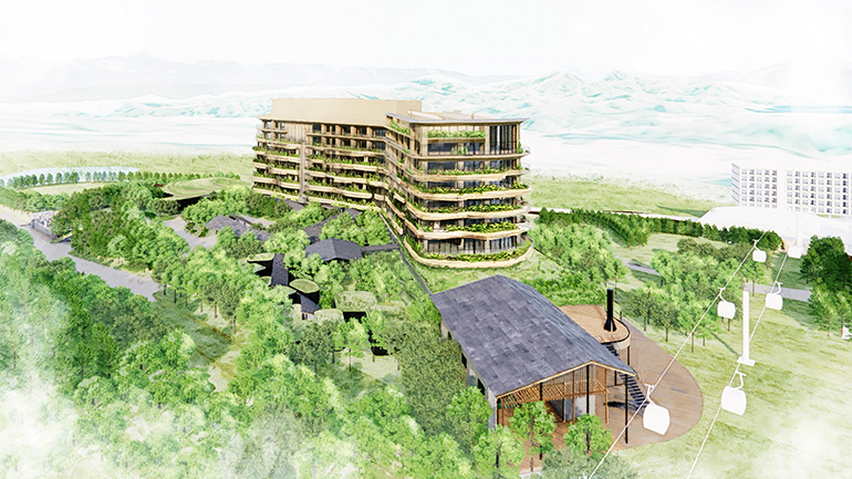 Proposed design rendering of Six Senses Myoko showcasing the hotel. The image is drawn.