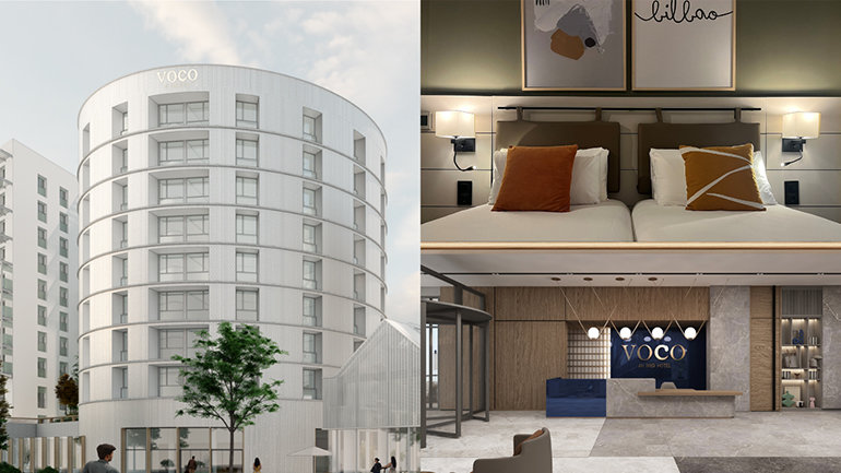 A three-panel collage showcasing the modern and stylish voco hotel brand. The large left panel displays a rendering of voco Nantes' exterior, featuring a distinctive multi-story building with a curved, white-tiled facade in an urban setting. On the right, the top panel shows a close-up of a neatly made hotel bed with orange and yellow accent cushions against a taupe headboard in voco - Bilbao City, while the bottom panel reveals a rendering of a sophisticated lobby at voco Antalya – Konyaaltı with a dark blue and wood-panelled reception desk where the voco logo is displayed in gold, conveying an overall chic and contemporary atmosphere.