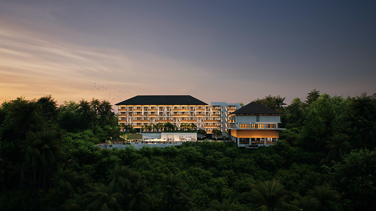 Image shows a rendering of the Hotel Indigo Bali Ubud. The image showcases a natural landscape and nestled into the trees is the building of the new signing, Hotel Indigo Bali Ubud.