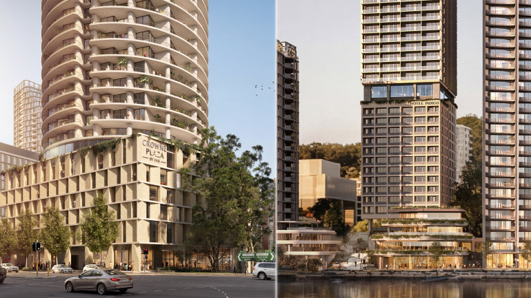 Architectural renderings of Crowne Plaza Newcastle and Hotel Indigo Gosford, two new IHG hotels in New South Wales.