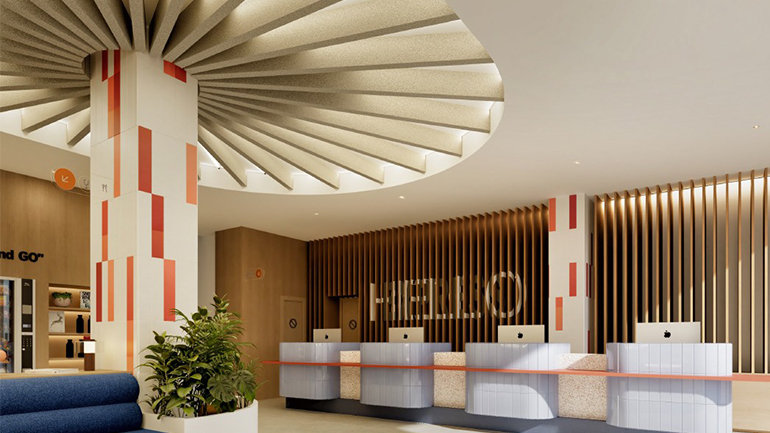 Design rendering of the reception and Open Lobby at Holiday Inn Express & Suites Málaga – Palacio de Congresos, featuring a contemporary front desk area with warm wood accents, modern lighting, and branded interiors.