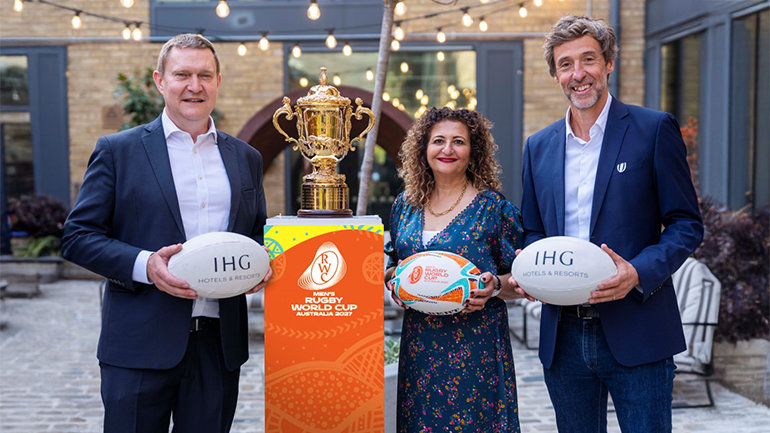 Kenneth Macpherson, Yasmin Diamond and Michel Poussau mark IHG Hotels & Resorts’ appointment as Official Hotel Partner of Men’s Rugby World Cup 2027.
