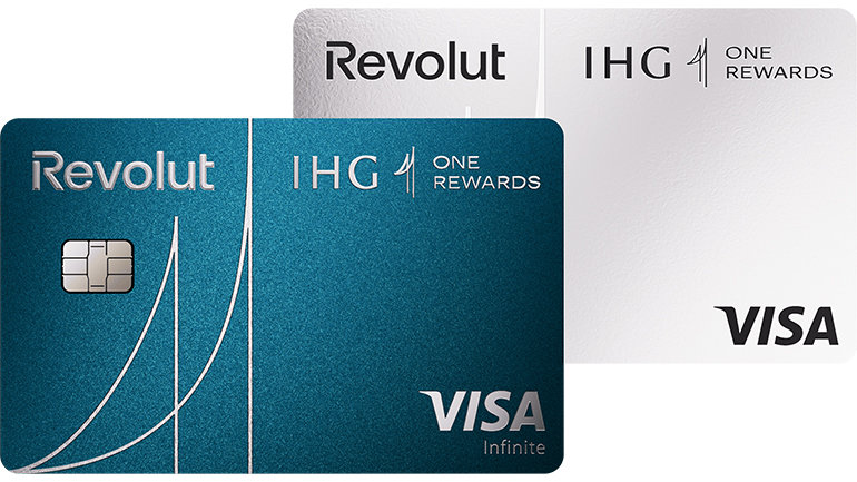 Image of the new IHG One Rewards and Revolut co-branded Visa debit cards. The cards are shown in two designs: a metallic blue Visa Infinite card in the foreground and a silver Visa card in the background, featuring both the Revolut and IHG One Rewards logos.
