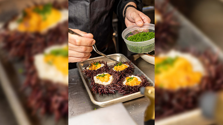 Close-up of a culinary professional garnishing four open sea urchin shells filled with a creamy white mixture and bright orange sea urchin, topping each with finely chopped chives on a metal tray.