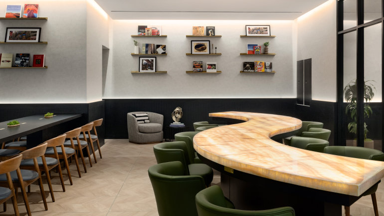The signature Plaza Workspace in Lobby at Crowne Plaza Manhattan Times Square by IHG features a flexible, tech enabled social hub for casual meetings, focused work sessions, or quick connections.