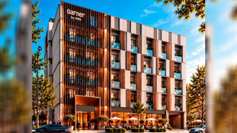 Rendering of the exterior of a modern Garner by IHG hotel at dusk, featuring a multi-storey façade with warm lighting, balconies and vertical architectural detailing. Guests are gathered around the ground-floor entrance and outdoor terrace, with trees and cars lining the street